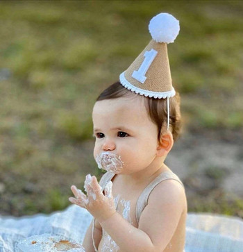 Шапка за първи рожден ден Crown Cap Cap Деца Момче Момиче Новородено 1-ва 2-ра 3-та година Парти за рожден ден Baby Shower Декорация Ленена лента за глава