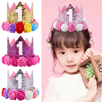 Бебешка шапка за парти за рожден ден Princess Crown Деца Момче Момиче 1-ви 2-ри 3-ти рожден ден Лента за глава с цветя Деца Декорация за бебешки душ