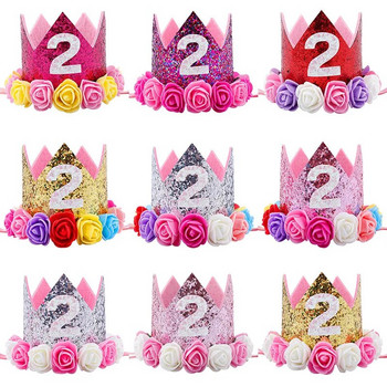 Baby Birthday Party Hat Princess Crown Kids Boy Girl 1st 2nd 3rd Birthday Headband with Flower Παιδιά Διακόσμηση ντους μωρού