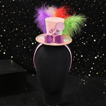 Мини цилиндър Шапки Лента за глава Цилиндър с лък от пера Цветен обръч за коса Рожден ден Коктейл Чаено парти Шапки Карнавални аксесоари за коса