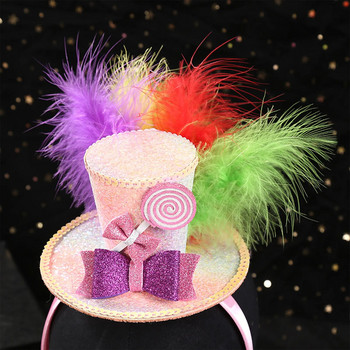 Μίνι καπέλο καπέλο κεφαλόδεσμο με πούπουλα φιόγκο πάνω καπέλο πολύχρωμο στεφάνι για τα μαλλιά για κοκτέιλ πάρτι τσαγιού αξεσουάρ μαλλιών Carnival