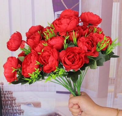 Φτηνή προσομοίωση κεφαλών 6 λουλουδιών παιωνία φιλιγκράν τριαντάφυλλο μπουκέτο παιωνία ρετρό νυφική ανθοδέσμη ψεύτικο σπίτι λουλουδιών DIY Χριστουγεννιάτικο γάμο Δεκ