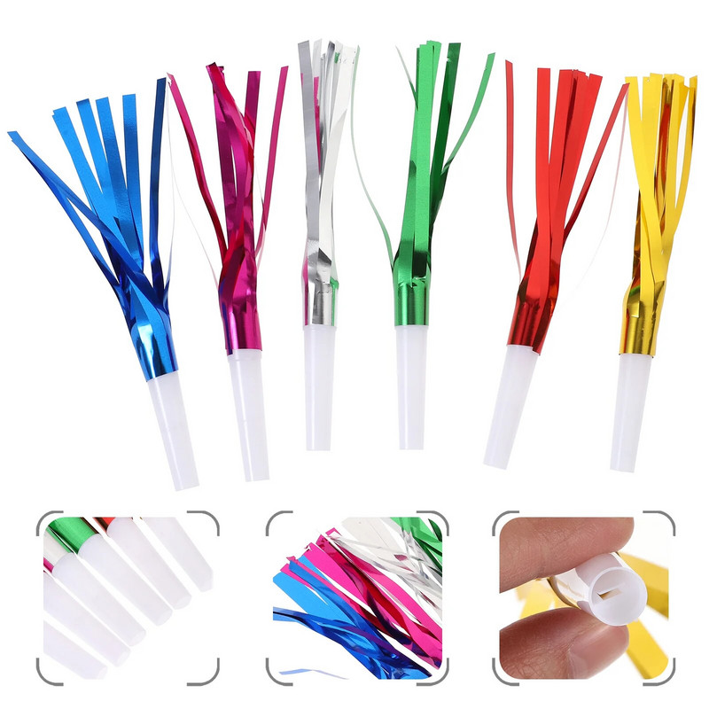 24 БР. Метални издухвания с бляскави ресни Шумоподавители Свирки Детски играчки Сувенири за рожден ден (смесени цветове)