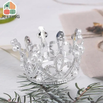 Mini Crown Tiara Cake Topper Романтичен перлен гирлянд Честит рожден ден Baby Shower Сватбена парти Декорация на торта Детска украса за коса