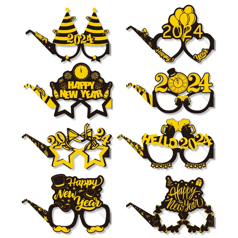 8 бр. 2024 Новогодишно парти Странни реквизити за снимки Хартиени очила Новогодишен ден Декорация на новогодишни парти очила