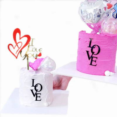 Ins LOVE Acrylic Happy Birthday Cake Topper Pink Gold Valentine`s Day Gift Party Cupcake Toppers For Wedding Dessert Decoration