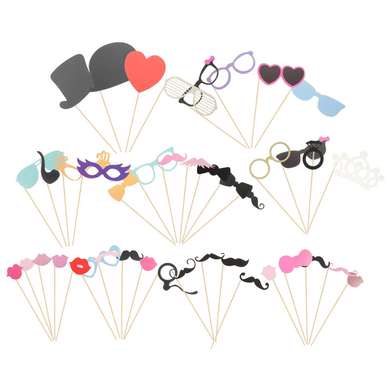 44 az 1-ben barkácsszemüvegek Bajusz Vörös Ajkak Csokornyakkendők Kalapok Botok Esküvői Születésnapi Party Fotófülke kellékek