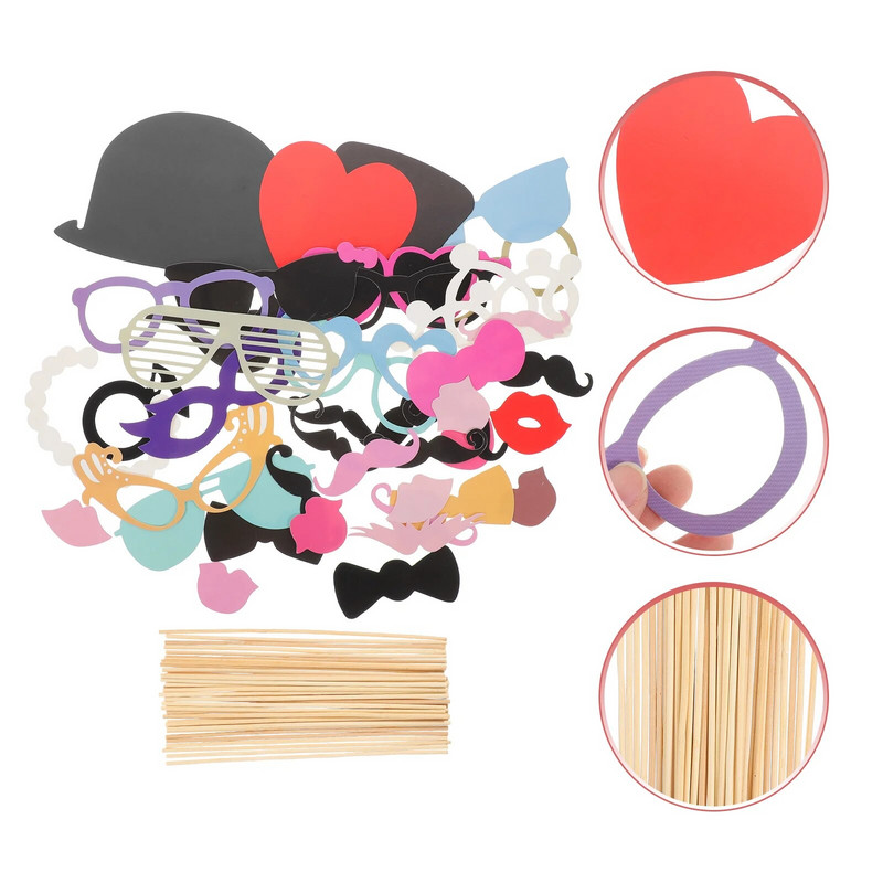44 az 1-ben barkácsszemüvegek Bajusz Vörös Ajkak Csokornyakkendők Kalapok Botok Esküvői Születésnapi Party Fotófülke kellékek