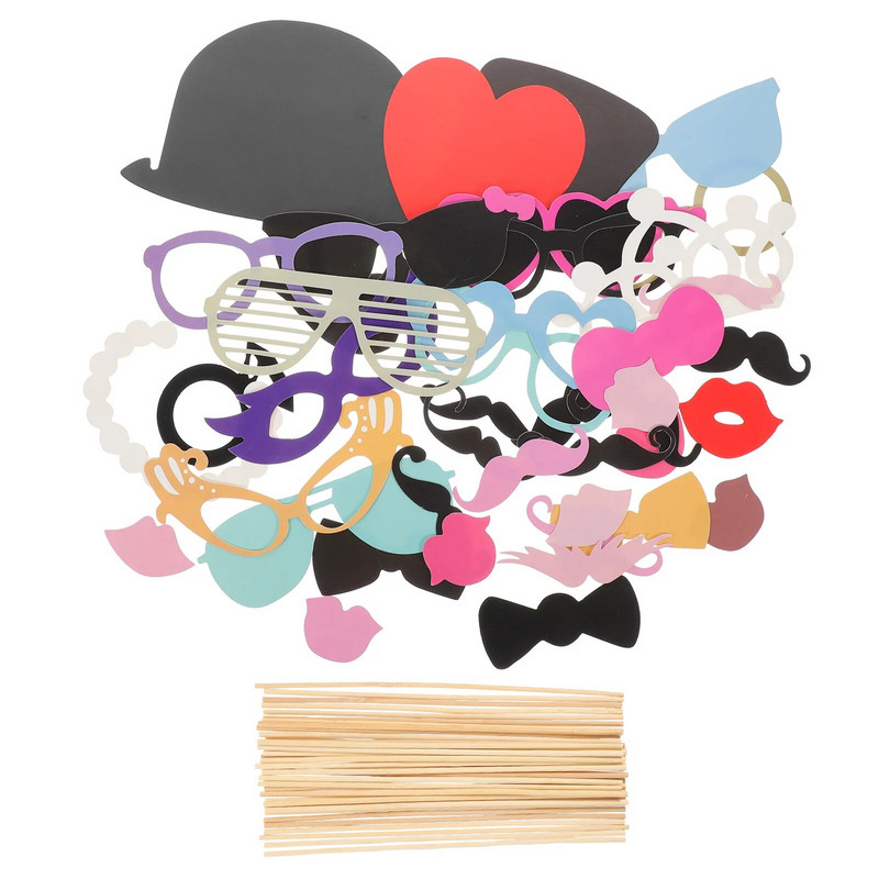 44 az 1-ben barkácsszemüvegek Bajusz Vörös Ajkak Csokornyakkendők Kalapok Botok Esküvői Születésnapi Party Fotófülke kellékek