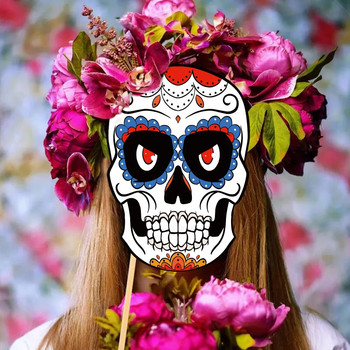 Διακοσμητικά πάρτι Day of the Dead, Χάρτινα στηρίγματα φωτογραφιών, Flower Skull, Διακόσμηση πάρτι τρόμου, 21 τεμ.