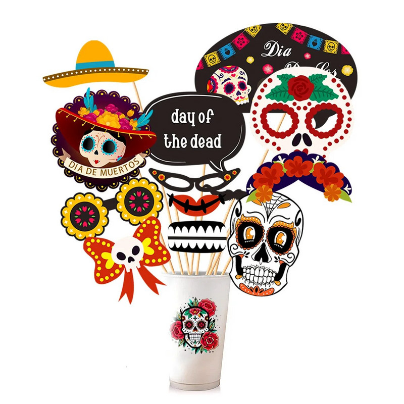 Decoratiuni pentru petrecerea Zilei Morților, Recuza foto din hârtie, Craniu de flori, Decoratiuni pentru petreceri de groază, 21 buc.