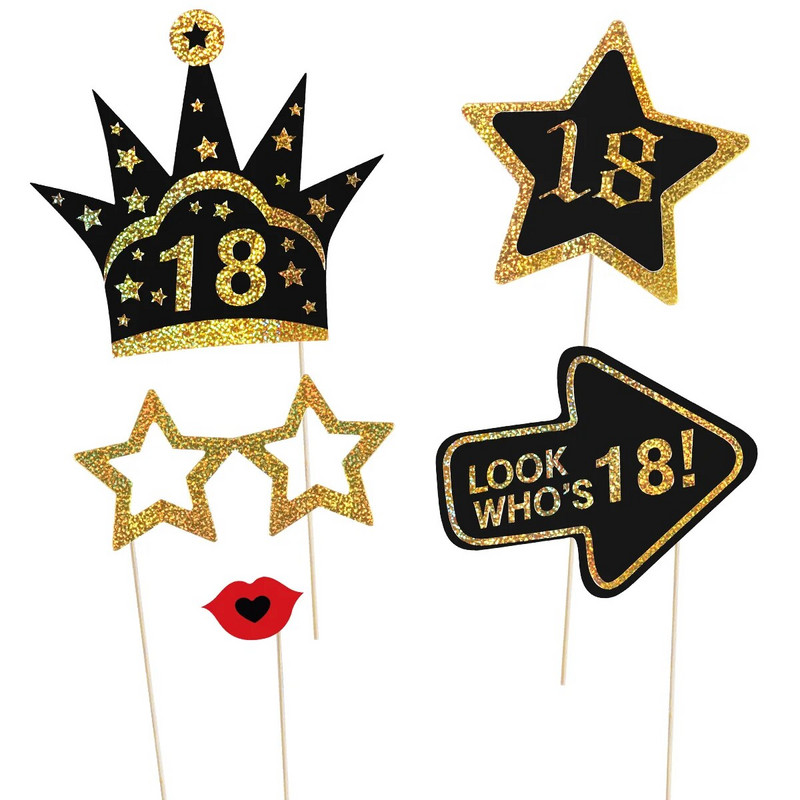 Tinksky Glitter 18th Честит рожден ден Photo Booth Реквизит Парти аксесоари за парти Декорация за рожден ден Сувенири Консумативи A30
