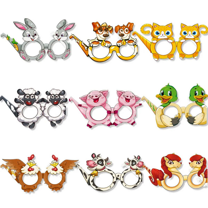 Декорация за парти със селскостопански животни, призрачни хартиени очила, реквизит за снимки, крава, овца, прасе, карикатура, 9 бр.