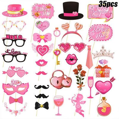 35 бр. Комплект реквизити за фото кабина за Свети Валентин Творчески Честит празник на Свети Валентин Парти, ръчен фотореквизит Сватбена декорация Photobooth