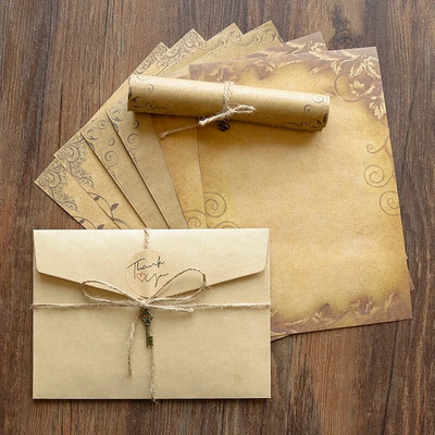 1 pachet de hârtie de scris kraft cu design retro cu flori, plic pentru invitații de nuntă, cu accesorii, hârtie de scris