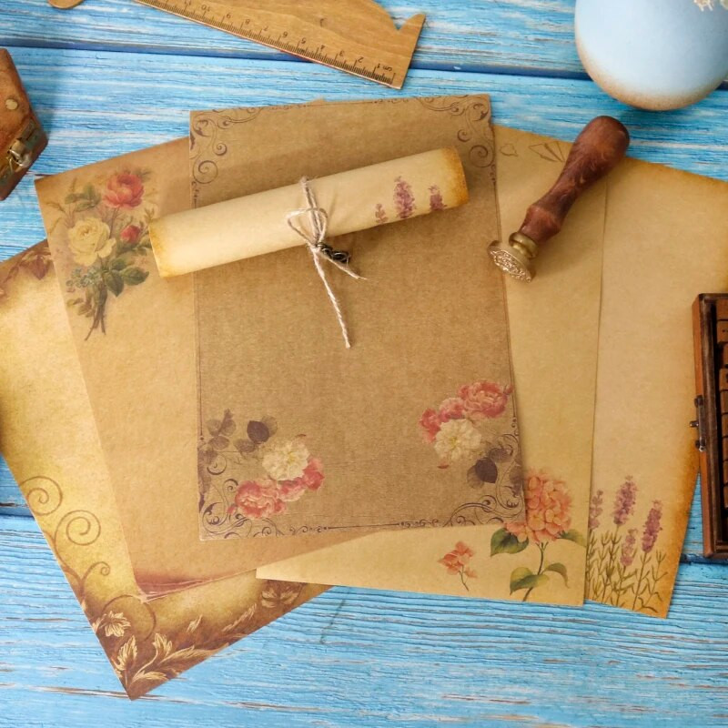 1 pakuotė Retro gėlių dizaino kraft popieriaus rinkinys Vestuvių vakarėlio kvietimo voko laiškų bloknotas su priedais, rašomasis popierius