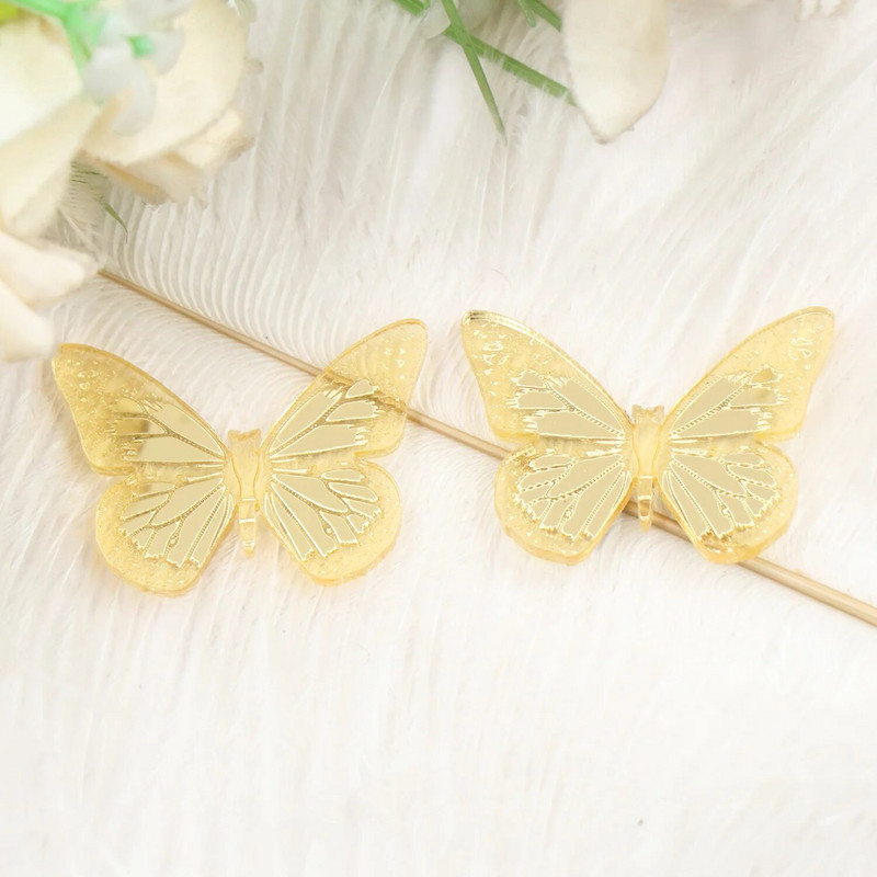 komplektis 10 AC1454-30 mm liblikas, graveeritud ilma auguta kaunistused hõbedase ja kuldse peegli laserväljalõikega akrüültarvikud