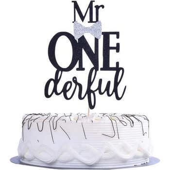 Mr Onederful Cake Topper-Black Glitter Baby Boy Папийонка Парти за първи рожден ден Декорация на торта, Baby Shower Парти за разкриване на пола