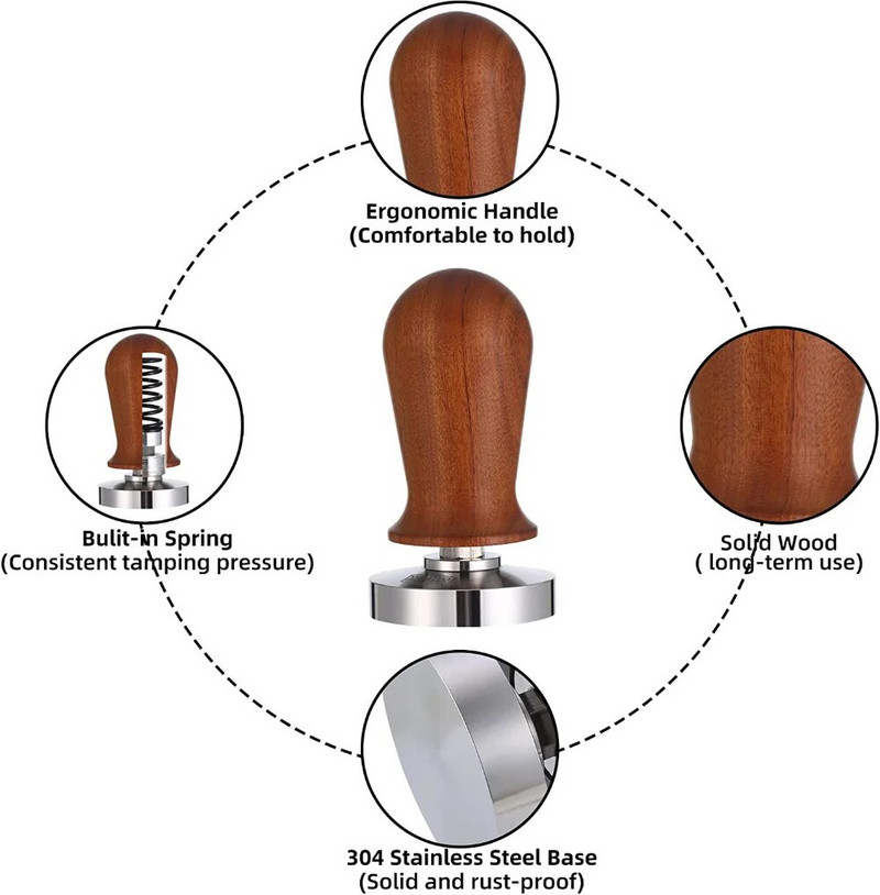 51/53/58 m espreso kavos tampresas su spyruokle, kalibruotas 30 svarų pastovaus slėgio tampresas su nerūdijančio plieno pagrindu, skirtas Baristai