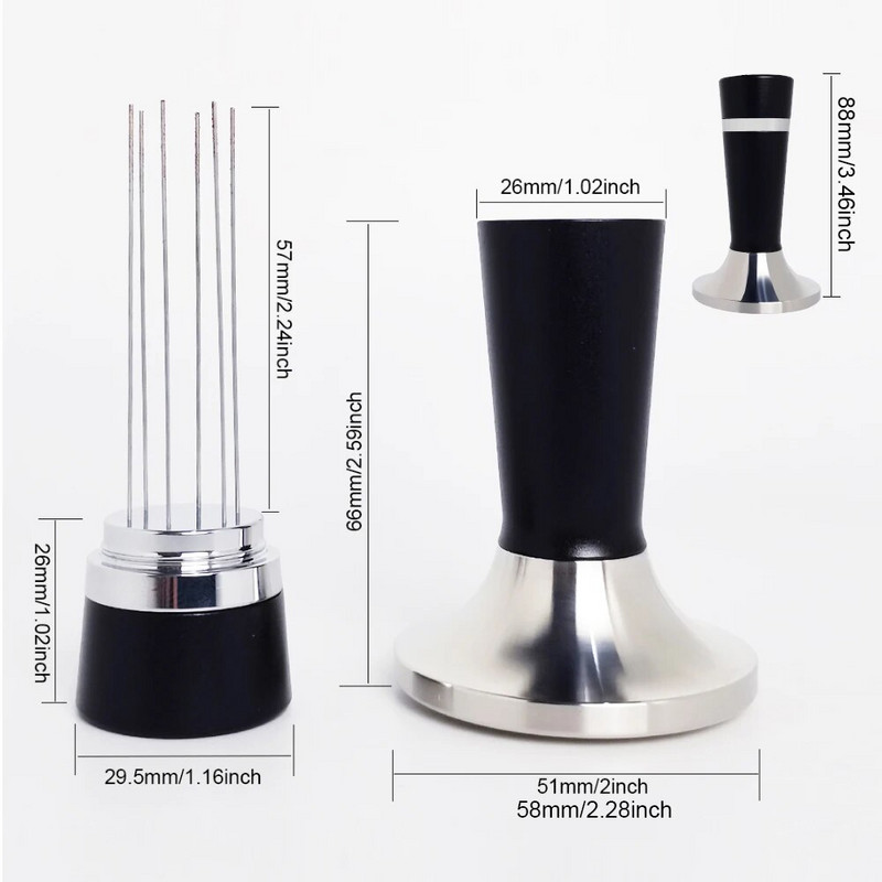 51 mm 58 mm espreso kavos maišytuvas su kavos maišytuvu, 2 viename kavos skirstytuvu ir WDT įrankiu, 6 adatomis 0,6 mm espreso kavos maišytuvu