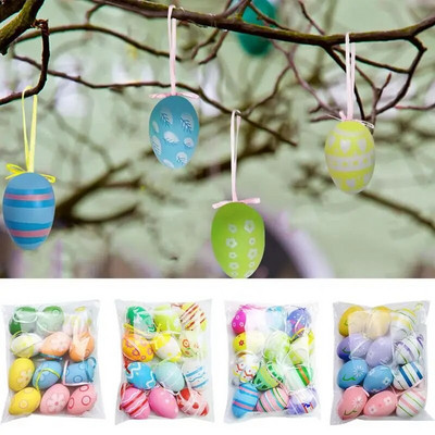 12 buc Ouă de Paște Decoratiuni de petrecere de Paște Fericit pentru casă Ornamente de agățat ouă colorate DIY Artizanat Cadouri pentru copii Jucărie Decorare copac