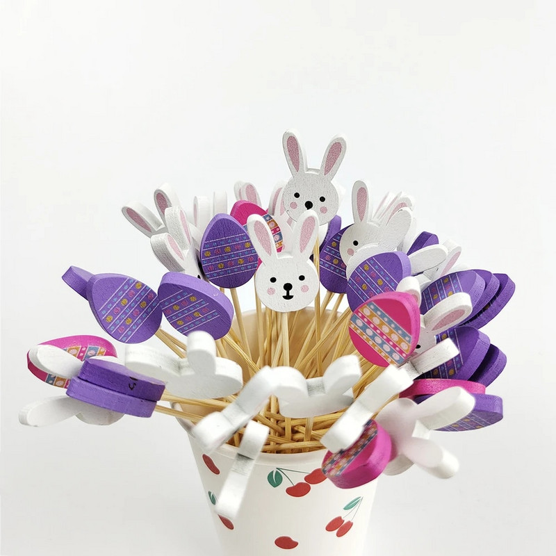50/100 бр. Великденски бамбукови шишчета за еднократна употреба Заешки великденски яйца Вилица за плодове Избор на храна Сандвич Бюфет Пръчка Великденска украса 2024 г.