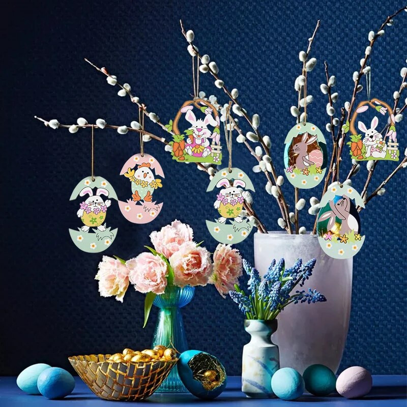 5 бр. Великденско дървено заешко яйце, висяща висулка Честит Великден Декорация Начало Фестивал Парти консумативи Направи си сам дървена изработка Детски подаръци