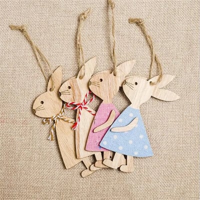 4pcs/set 7*11cm Easter Rabbit Wooden Decoration DIY Wood Hanging Crafts Cute Bunny Easter Ornaments Party Supplies Wood Crafts