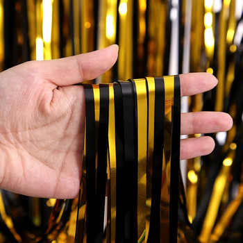 2 Συσκευασία Μαύρο Χρυσό Φόντο Κουρτίνες για πάρτι Graduation 2022 Μεταλλικό φύλλο κουρτίνα με κρόσσια Διακόσμηση για πάρτι γενεθλίων
