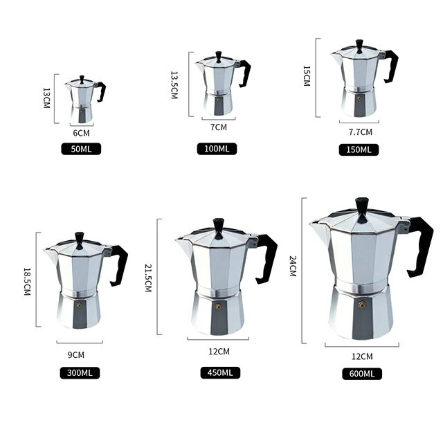 Alumínium kávéfőző Tartós Moka Cafeteira Expresso Percolator Pot Praktikus Moka kávéfőző 50/100/150/300/450/600 ml