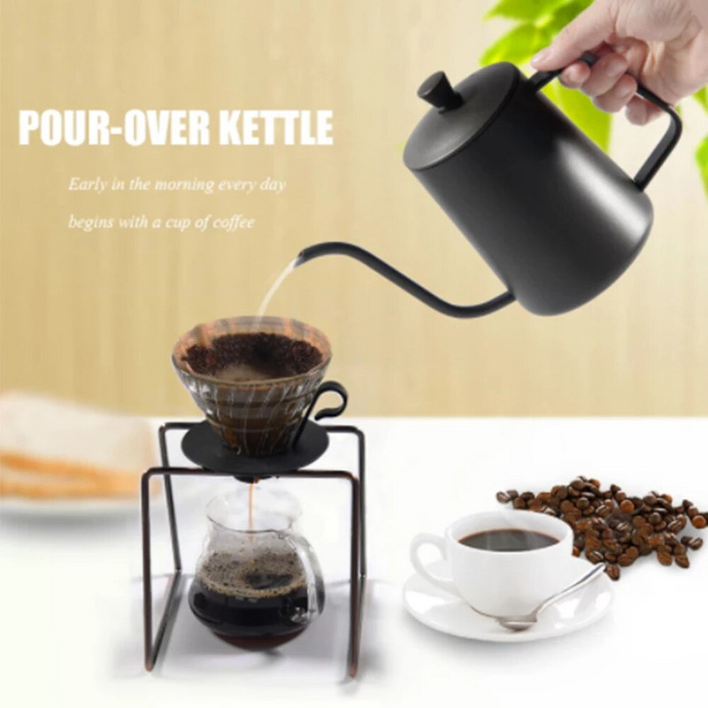 Саксии за кафе Walfos от неръждаема стомана Ръчна тенджера за кафе с капак Накрайник за капене на кафе Гъши врат Накрайник с дълга уста Чайник за кафе и чай