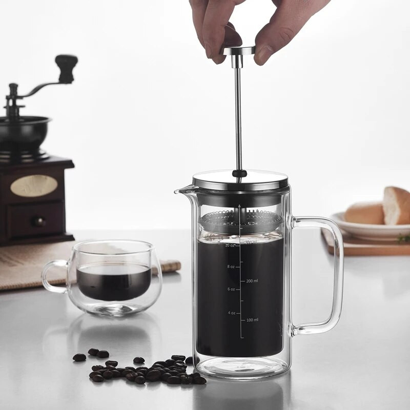 Oală de presare din sticlă borosilicată cu strat dublu LUDA Aparat de presare cu filtru de cafea Oală de cafea franceză cu scară