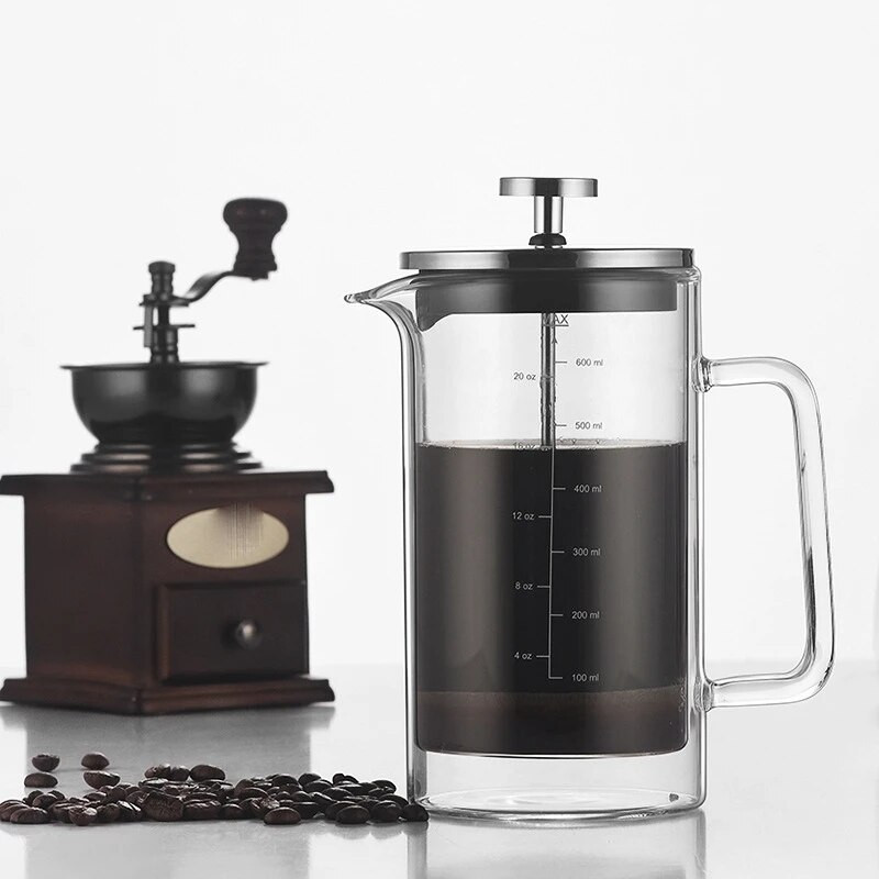 Oală de presare din sticlă borosilicată cu strat dublu LUDA Aparat de presare cu filtru de cafea Oală de cafea franceză cu scară