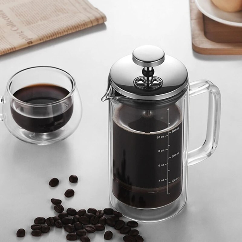 Oală de presare din sticlă borosilicată cu strat dublu LUDA Aparat de presare cu filtru de cafea Oală de cafea franceză cu scară