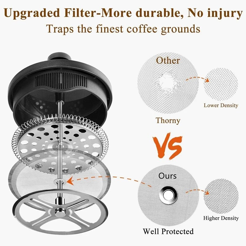 French Press kávé- és teafőző 12Oz, sűrített boroszilikát üveg kávésajtoló rozsdamentes és mosogatógépben mosható, fekete