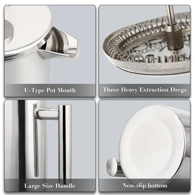 1000 мл френска преса Кафеварка с двойна стена, изолирана от неръждаема стомана Еспресо Кафеварка Чайник с филтър Кафеварка