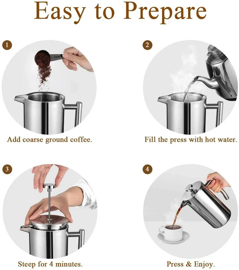 1000 мл френска преса Кафеварка с двойна стена, изолирана от неръждаема стомана Еспресо Кафеварка Чайник с филтър Кафеварка