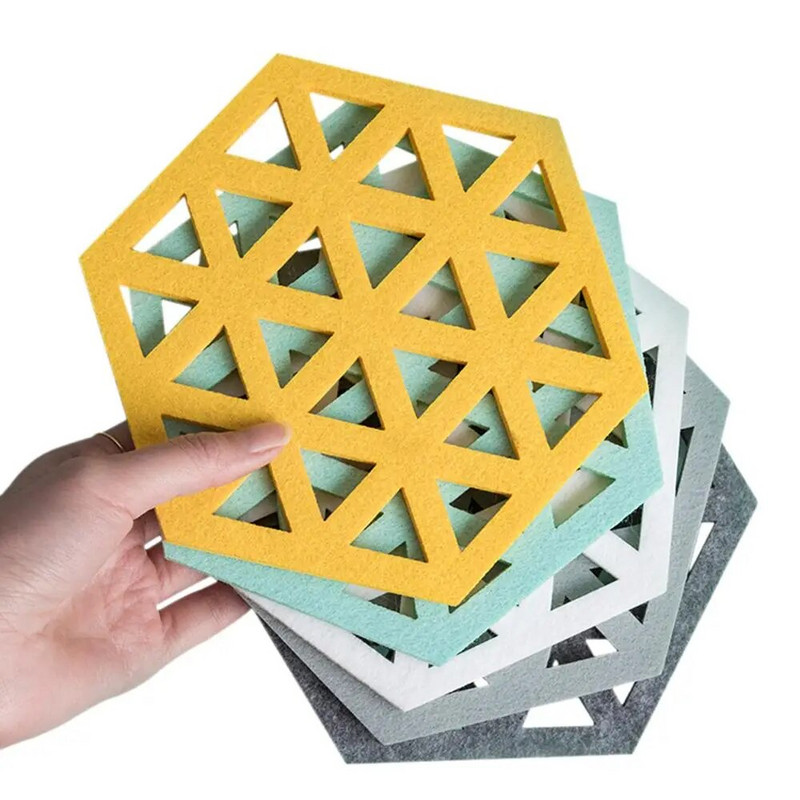 Namų kūrybinis veltinis padėkliukas šešiakampis tuščiaviduris puodelio kilimėlis Minkštas šilumos izoliuotas neslystantis padėklas namų karštų gėrimų laikiklis, darbalaukio dekoravimo kilimėlis