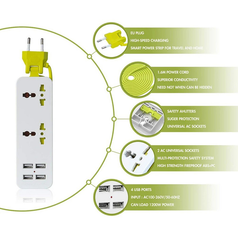Putna strujna produžna utičnica, prijenosni univerzalni zaštitnik od prenapona s 4 USB-a za putovanja