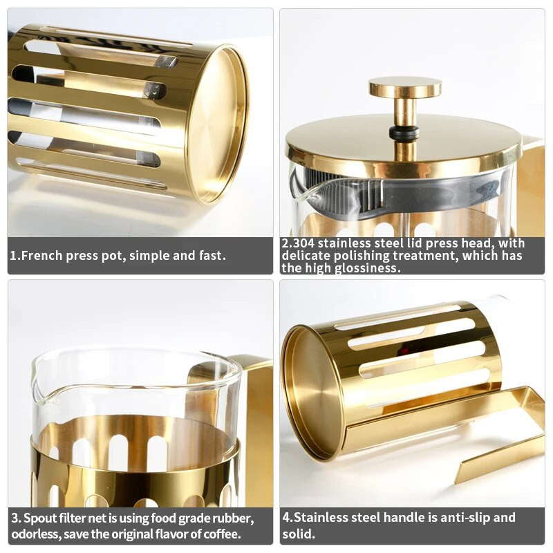 Oală de cafea de presă franceză, aparat de cafea din sticlă inoxidabilă oală de cafea turcească 350/600/1000M pentru cafea acasă, prepararea ceaiului