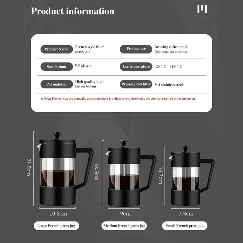 350ML/600ML/1000ML French Press Aparat za kavu Visoko borosilikatno staklo Aparat za kuhanje kave Pjenilica za pjenu od mlijeka Barista Aparat za čaj