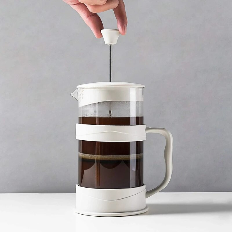 French Press kávéfőző, fehér kávésajtoló teafőzők boroszilikát üvegből készült hideg és forró kávéval