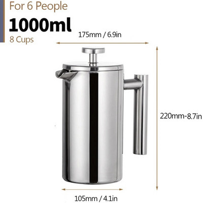 350ml/800ml/1000ml Френч преса Кафемашина Изолирана тенджера от неръждаема стомана с двойна стена Ръчна кафемашина за еспресо Cafetiere
