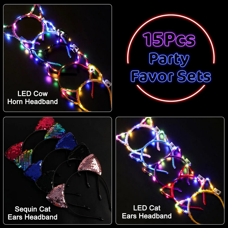15 DB macskafül buli fejpánt csúszásmentes divat jelmez haj karika fények parti fejfedők nőknek világító led fejdísz dekoráció