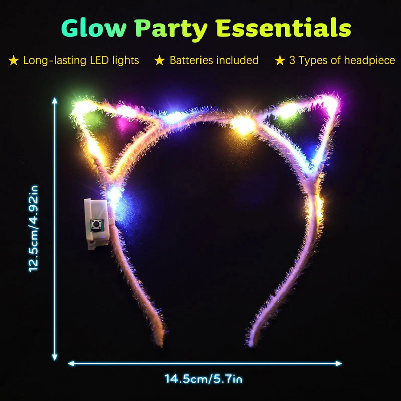 15 DB macskafül buli fejpánt csúszásmentes divat jelmez haj karika fények parti fejfedők nőknek világító led fejdísz dekoráció