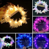 6бр. Flower Crown Led Feather Crown лента за глава Светещи светещи перо Angel Crown Wreath Ленти за глава Сватбен фестивал Парти