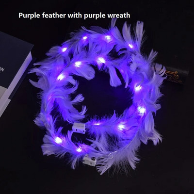 6бр. Flower Crown Led Feather Crown лента за глава Светещи светещи перо Angel Crown Wreath Ленти за глава Сватбен фестивал Парти