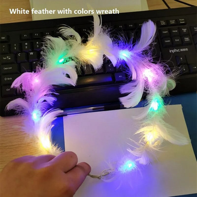 6бр. Flower Crown Led Feather Crown лента за глава Светещи светещи перо Angel Crown Wreath Ленти за глава Сватбен фестивал Парти