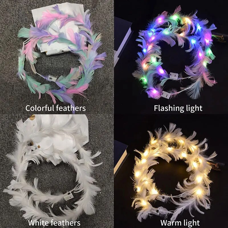 6бр. Flower Crown Led Feather Crown лента за глава Светещи светещи перо Angel Crown Wreath Ленти за глава Сватбен фестивал Парти