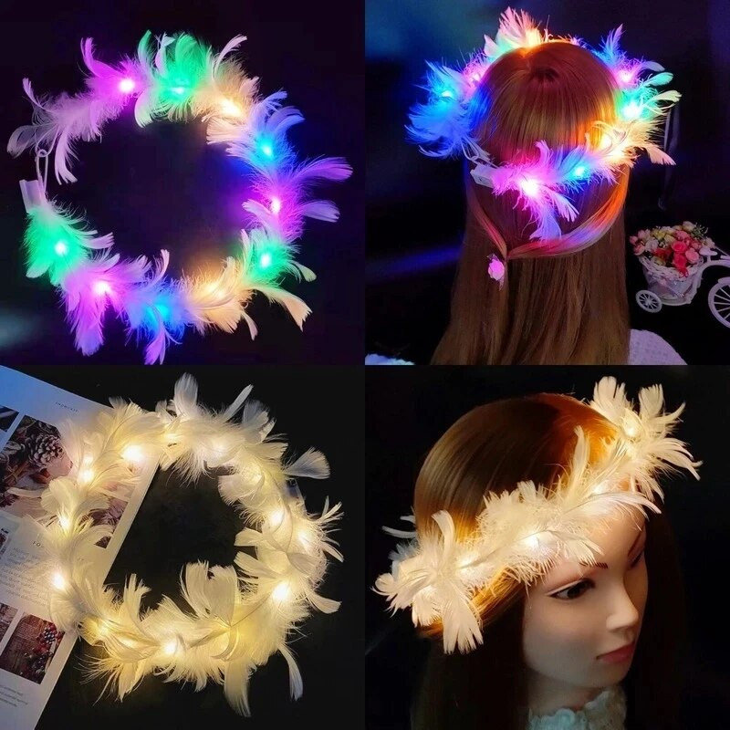 6бр. Flower Crown Led Feather Crown лента за глава Светещи светещи перо Angel Crown Wreath Ленти за глава Сватбен фестивал Парти